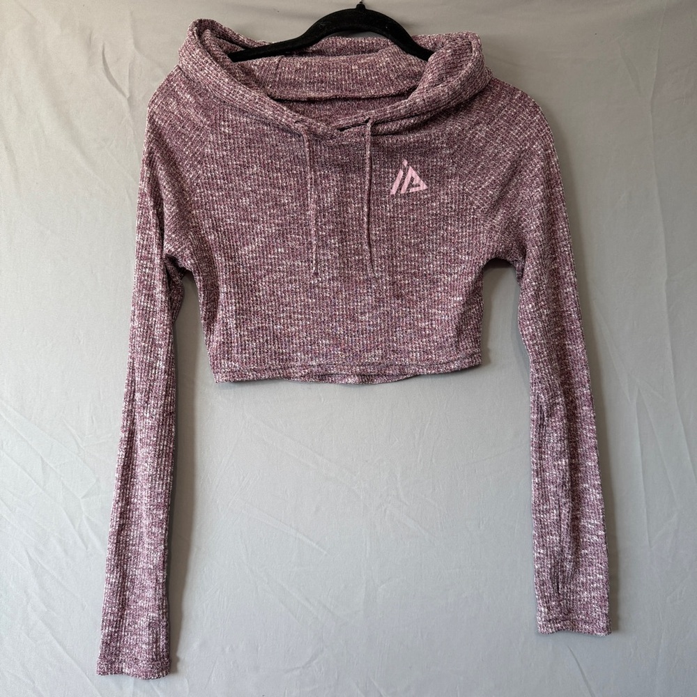 Womens Long Sleeve Hooded Crop Tee Size S Plum Fitness Gym Workout Yoga CrossFit